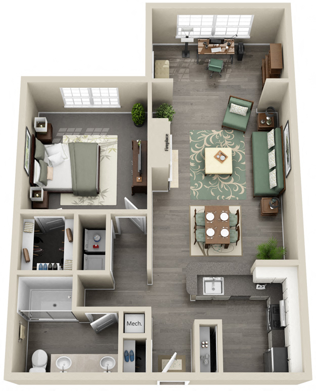 Floor plan for 1 bed, 1 bath, 890 sqft